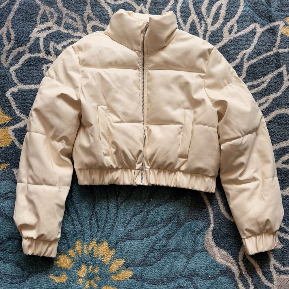 Y2K Cropped Puffer Jacket Cream Off-White Short Bubble Coat Clean Girl Aesthetic